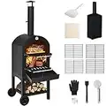 Giantex Pizza Oven Outdoor, Wood Fire Pizza Grill Maker with Waterproof Cover, Pizza Stone and Peel, 2 Layer Steel Pizza Oven Cooker with Wheels for Barbecue Camping Backyard Party