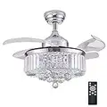 DuMaiWay 36" Ceiling Fan with Lights, Retractable Pendant Fandelier Crystal Ceiling Fan Chandelier with Remote Control LED for Bedroom Living Room Polished Modern Chrome Silver
