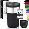 Milu Termo Taza 210ml - Vaso Termico de Viaje - Café para Llevar - Taza de Viaje - Taza de acero inoxidable para beber - con aislamiento de doble pared (Negro, 210ml)