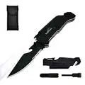 ALBATROSS 6-in-1 Survival Tactical Military Folding Pocket Knives with LED Light,Seatbelt Cutter,Glass Breaker,Magnesium Fire Starter,Bottle Opener;Multi-Function Emergency Tool(Black)