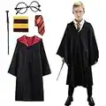 Amycute Costume de Magicien, Robe de Sorcier avec Cravate, Lunettes Noires Rondes, Écharpe et Baguette, Kit d'accessoires Déguisement pour Halloween Fête Carnaval Party Noël Bal Costumé (165)