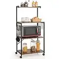 COSTWAY Kitchen Baker’s Rack, Microwave Oven Stand Organizer with Hooks and Lockable Wheels, Free Standing Utility Storage Shelf for Dining Living Room