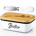 Farmhouse Butter Dish with Lid, Vivimee Metal Butter Container with Wooden Lid, White Butter Dish Keeps Your Butter Soft, Butter Keeper Holder, Butter Crock with Lid for Counter or Fridge