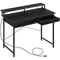 Rolanstar Computer Desk with 2 Drawers and Power Outlet, 47" Home Office Writing Desk with Monitor Stand, Workstation Table with Stable Metal Frame, Black