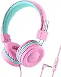 iClever Casque Audio Enfant, Casque Filaire pour Enfants, Serre-Tête Ajustable, Son stéréo, Fils Pliables Démêlés, Prise Auxiliaire 3.5 mm, 85/94 DB Volume Limité, Casque pour Enfants (Rose)