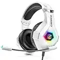 Cascos Gaming con Micrófono Suave, Luz RGB, Sonido Envolvente Claro, Orejeras Ligero Cómodo Ajustable, Auriculares Gaming Blanco para PS5 PS4 PC Xbox One/X/S Switch Tableta Laptop