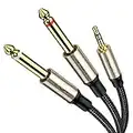 VIOY Cable de audio de 3,5 mm a 6,35 mm [2M] 1/8'' estéreo TRS a doble 1/4'' Mono TS Jack Y Splitter Adapter Cable de instrumento de interfaz chapado en oro trenzado para mezclador, amplificador