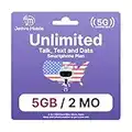 Jethro Mobile USA Sim Card (60 Days) Unlimited Talk/Text/Data (5GB High-Speed), Calls to Canada Unltd, No Pre-Activation Required, 3-in-1 Prepaid Sim Kit