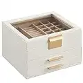 SONGMICS Jewelry Box with Glass Lid, 3-Layer Jewelry Organizer, 2 Drawers, 8 x 9.1 x 5.3 Inches, Cloud White and Gold Color UJBC239WT