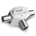 VCELINK Répartiteur Coaxial d'Antenne TV Blindé T-Couplage de Télévision 2 Mâle vers Femelle Adaptateur Coaxial en Métal 0-1000Mhz Argent