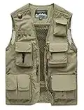 Sukany Men's Leisure Outdoor Work Safari Fishing Travel Cargo Vest Jacket Photo Mesh Waistcoat Multi Pockets Khaki M