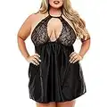 Chemise en Soie Sexy Grande Taille pour Femmes Ensembles De Lingerie en Satin Nuisette en Dentelle à DéColleté Plongeant Et Croisé (L,Le Noir)