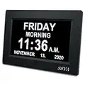 SSYA [Newest Version] 7 Inch Calendar Clock - 12 Alarm Options, Level 5 Auto Dimmable Display,Extra Large Impaired Vision Digital Clock with Non-Abbreviated Day & Month Alarm Clock (7 inch)