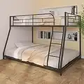 Majnesvon Metal Floor Bunk Bed, Twin Over Full Low Bunk Bed, Heavy Duty Frame with Sloping Ladder and Safety Guardrails for Teens Adults, No Box Spring Needed,Easy Assembly (Black)