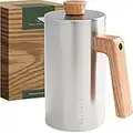 WALDWERK French Press (1L) - Kaffeebereiter aus ​​doppelwandigem Edelstahl mit Holzgriff aus Eichenholz - plastikfreier Kaffeezubereiter