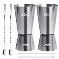 2Pcs Spirit Measures 25ml 50ml, Drink Measures for Spirits Shot Measure Alcohol Gin Jigger Bar Craft Dual Cocktail Measure Cup with 2 Pieces Mixing Spoon and 2 Pieces Cleaning Brushes