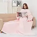 BESSIO Wearable Blanket with Sleeves, Oversized Soft Snuggle Blankets for Adults Women Men, Winter Sherpa Fleece TV Blanket for Bed Sofas, Gifts for Women, 140cm x 180cm (Pink)