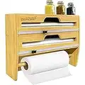 3 in 1 Wrap Dispenser with Cutter and Labels, Kitchen Organizer Storage Foil and Plastic Wrap Organizer for Wall Mount, Drawer, Bamboo Paper Towel Storage Holder, Compatible with 13" Roll