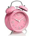 Peakeep 4 Inches Twin Bell Loud Alarm Clock for Heavy Sleepers Kids, Battery Operated Old Fashioned Alarm Clock (Pink)