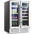 COSTWAY 24 Inch Wine and Beverage Refrigerator Cooler, 19 Bottles and 57 Cans Dual Zone Beverage Fridge Cellar with Memory Temperature Control, 2 Safety Lock, LED Light, Built-In or Freestanding 2-in-1 Wine Cooler for Home Kitchen