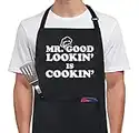 Xornis 100% Cotton Funny Aprons for Men Mr. Good Looking is Cooking Kitchen Grill BBQ Adjustable Bib Aprons with 2 Pockets Gifts for Dad Father's Day Birthday Anniversary