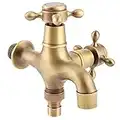 ROSEBEAR Outdoor Old Style Tap, G1/2" Garden Retro Copper Water Tap with Double Spout, Single Cold Washing Machine Mop Pool Sink Faucets Vintage Gold, 01