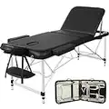 Yaheetech Massage Table 70cm Width Beauty Couch Bed Adjustable 3 Fold Massage Bed Portable Salon Bed Round Corner with Face Hole Professional Physical Therapy Table Black