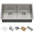 KRAUS KWU112-33 Kore Workstation 33-inch Undermount 16 Gauge Double Bowl Stainless Steel Kitchen Sink with Integrated Ledge and Accessories (Pack of 8)