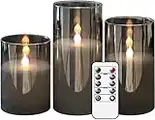GenSwin Gray Glass Flameless Led Candles Battery Operated with Timer and 10-Key Remote, Real Wax Warm Light Candles Flickering for Wedding Festival Home Decoration (Set of 3)