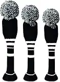 Knit Golf Club Head Covers Set of 3 Black&White Stripes for Woods and Driver, Pom Pom Clubs Headcovers with Number Tag for Fairway Hybrids Men Women Golfer (3 Pack-Black&White Stripes)