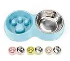 JACKO & CO - Double Slow Feeder - Food and Water Bowls for Pets - for Small and Medium Dogs, Puppies, Cats - Removable Stainless Steel Bowl - Non Slip - Anti Choke - Easy to Use (Blue)