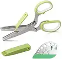 Herb Scissors Herb Stripper Set, CoiTek Stainless Steel Herb Cutter Tools 5-Blades Scissors with Herb Stripping Tool, Safe Cover, Cleaning Comb Multi-Blade Herb Shears 2 in 1 Herb Tools Kits (Green)