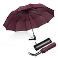 JIGUOOR 12 Ribs Folding Umbrella Windproof Compact Travel,Auto Open/Close Large Rain Umbrellas w/Polyester Coating, Ergonomic Handle FREE Leather Case for Mens Women