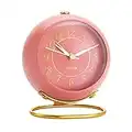 Metal Desk Clock, rjuwurv Retro Bedroom Table Vintage Analog Alarm Clock, Silent Non-Ticking Gold Clock, Bedside Décor(Sweet Pink)