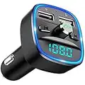 Bluetooth FM Transmitter for Car, Blue Ambient Ring Light Wireless Radio Car Receiver Adapter Kit with Hands-Free Calling, Dual USB Charger 5V/2.4A and 1A, Support SD Card, USB Disk (Black)