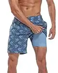 LRD Men's Swim Trunks with Compression Liner 7 Inch Inseam Quick Dry Swim Shorts Sailfish/Blue - XXL