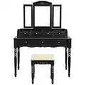 VASAGLE Vanity Makeup Set with 7 Drawers, 2 Brush Slots and 4 Open Compartments, Dressing Table with Tri-Fold Necklace Hooked Mirror, Solid Wood Legs, Cushioned Stool, Black URDT06BK