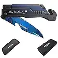 SHUBHADA Father's Gift Folding Pocket Knives Multi Function Emergency Tool Knives Led Light Magnesium fire starter Seatbelt cutter Glass breaker Bottle opener（Blue Titanium）