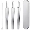 Blackhead Remove Tools 4 Pieces Ingrown Hair Removal Kit 3 Stainless Steel Blackhead Tweezers with Needle Pimple Comedome Extractor Punch Blemish Tool Zit Popper Set with Metal Case for Women Girls