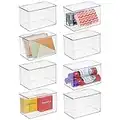 mDesign Organizador de Escritorio – Práctica Caja con Tapa para Pinturas, Notas Adhesivas, Gomas, etc. – Caja apilable de plástico para Escritorio – Juego de 8 – Transparente