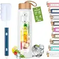 AQULEA 32 Oz Borosilicate Glass Water Bottles with Times to Drink - Wide Mouth BPA Free Glass Motivational Water Bottle with Silicone Sleeve, Bamboo Lid, Fruit Infuser, and Bonus Brush (White)