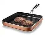 Gotham Steel Copper Cast Non Stick Grill Pan, 10.5" Indoor Stove Top Grill with Stay Cool Handle, Durable Lightweight Bacon Pan/Grill for Stovetop, Even Heating, Dishwasher Oven Safe, 100% Toxin Free