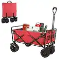 TLSUNNY Collapsible Beach Wagon, Big 8'' All-Terrain Wheels for Sand, Push & Pull Portable Wagon Cart for Shopping, Picnic, Camping, Outdoor Cart with Carry Bag, 2 Cup Holders (Red)