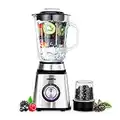 Geepas 2 in 1 Food Jug Blender with 1.5L Glass Jar | Stainless Steel Blades, 2 Speed Control with Pulse | Smoothie Blender with Coffee/Spice Grinder Mill Included | 2 Year Warranty, 1.5L, 500W Silver