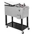 80 Quart Qt Rolling Cooler Ice Chest for Outdoor Patio Deck Party, Grey, Portable Party Bar Cold Drink Beverage Cart Tub, Backyard Cooler Trolley on Wheels with Shelf, Stand, & bottle opener