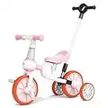 GLAF 5 in 1 Kids Tricycles for 1-3 Years Old and up Boys Girls Toddler Tricycle Baby Balance Bike Kids Trike for 2 Years Old with PU Seat and Removable Pedal 3 Wheels Tricycle Toddler First Bike (Pink Pusher)