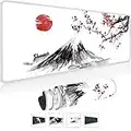 Gaming Mauspad Weiß XXL 800 x 300 mm Japan Tuschemalerei Berg Sakura Sonne Berg Fuji Mousepad Groß Vernähte Kanten Wasserdicht Anti-Rutsch für PC, MacBook,Laptop