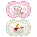 MAM Night Pacifiers (2 Pack, 1 Sterilizing Pacifier Case), MAM Pacifiers 6+ Months, Best Pacifier for Breastfed Babies, Glow in the Dark Pacifier, Baby Girl Pacifiers