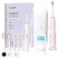 PERECT Ultrasonic Electric Toothbrush Adults with 6 Brush Heads, 5 Modes Electric Toothbrush, Travel Rechargeable Power Toothbrush with Smart Timer &Travel Case & Soft Picks, IPX7 Waterproof, Pink