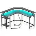 Rolanstar Computer Desk 56" with Power Outlets USB Ports & LED Strip, Reversible L Shaped Desk with Monitor Stand & Storage Shelf, Carbon Fiber Surface, L Shaped Gaming Computer Desk with Hooks